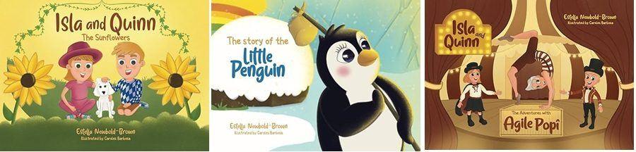 An image of three book covers - the first yellow with two children on with sunflowers, the middle a penguin and rainbow, the third on a red background with two children and adult performing in a circus