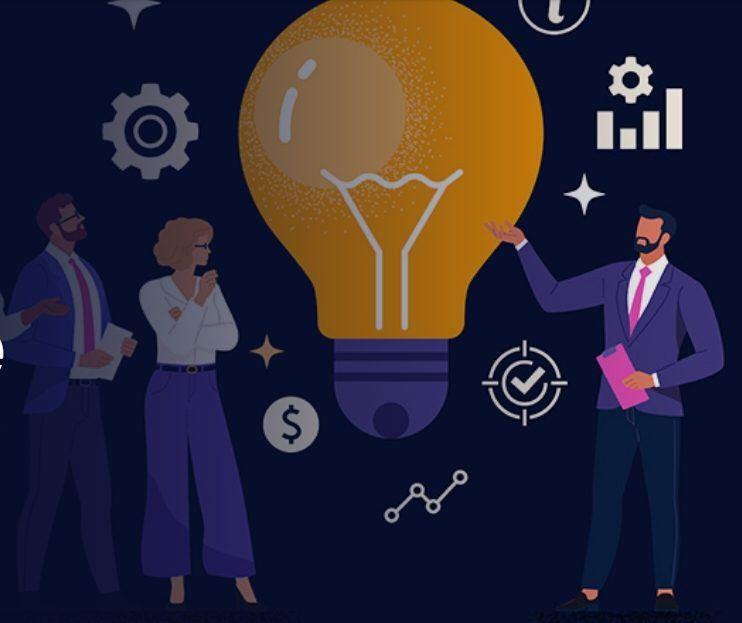 An image of graphics of business people thinking of ideas for their law firm online presence standing by a lightbulb in the middle of them